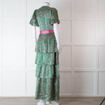 Ridley Green Pink Silk Satin Floral Belted Frill Bottom Maxi Dress