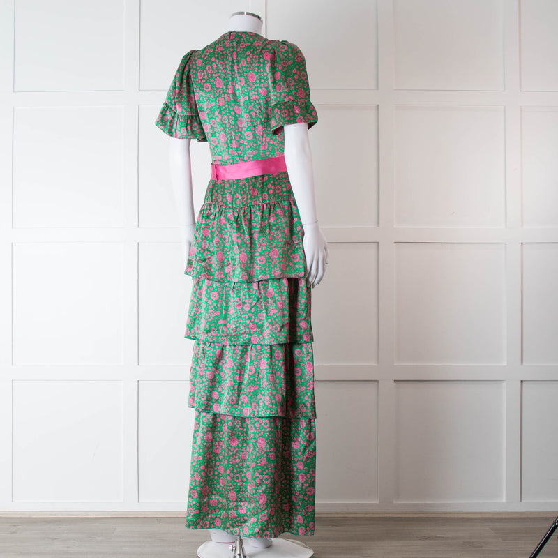 Ridley Green Pink Silk Satin Floral Belted Frill Bottom Maxi Dress