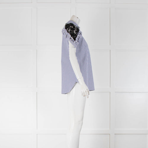 Self Portrait White Blue Striped Black Lace Shoulder Cap Sleeve Top