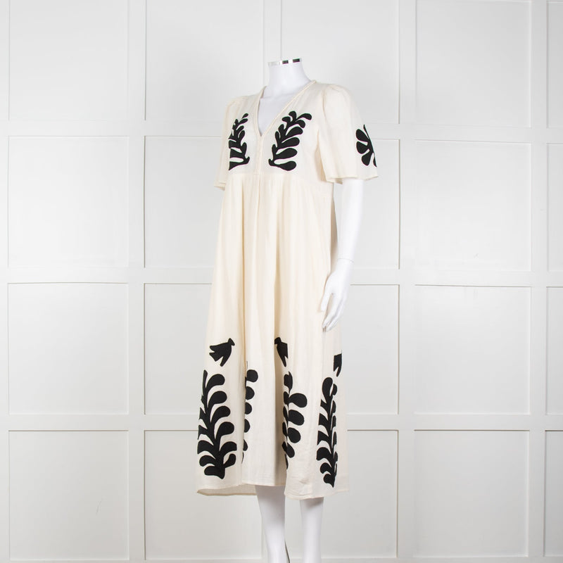 Leon & Harper Cream Cheesecloth Dress With Black Applique Pattern