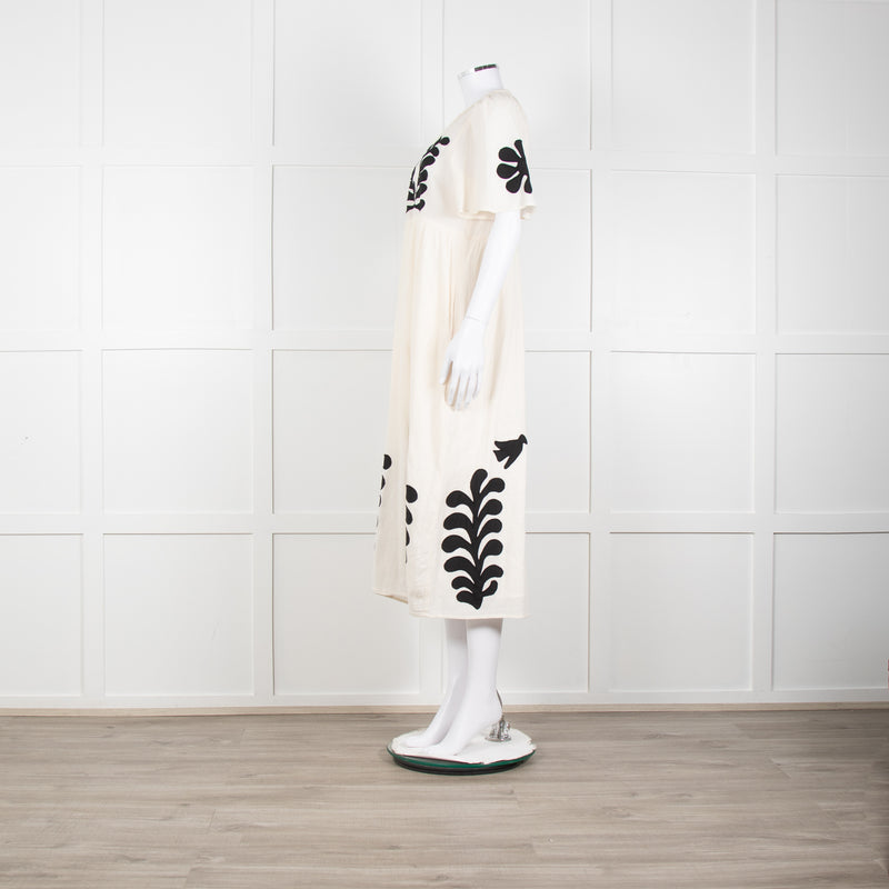 Leon & Harper Cream Cheesecloth Dress With Black Applique Pattern