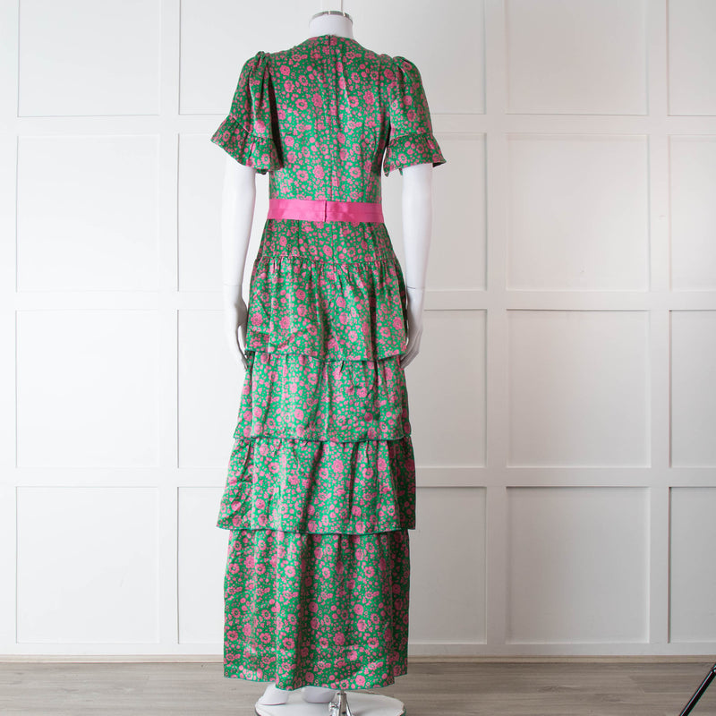 Ridley Green Pink Silk Satin Floral Belted Frill Bottom Maxi Dress