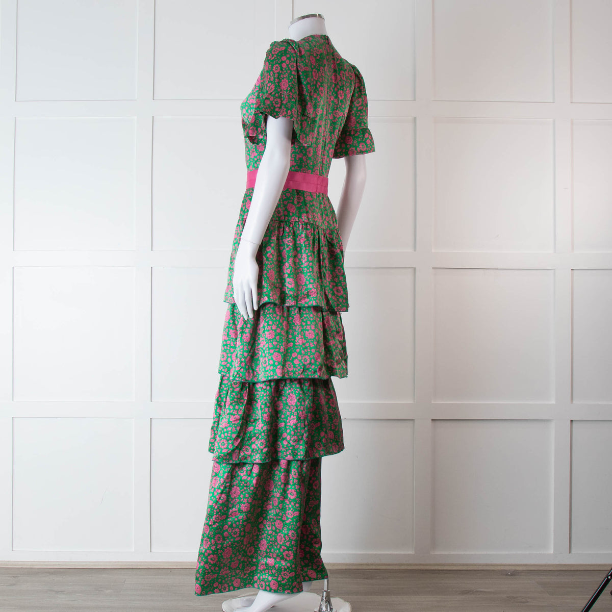 Ridley Green Pink Silk Satin Floral Belted Frill Bottom Maxi Dress