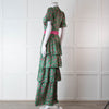 Ridley Green Pink Silk Satin Floral Belted Frill Bottom Maxi Dress