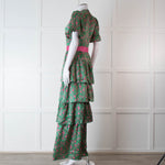 Ridley Green Pink Silk Satin Floral Belted Frill Bottom Maxi Dress