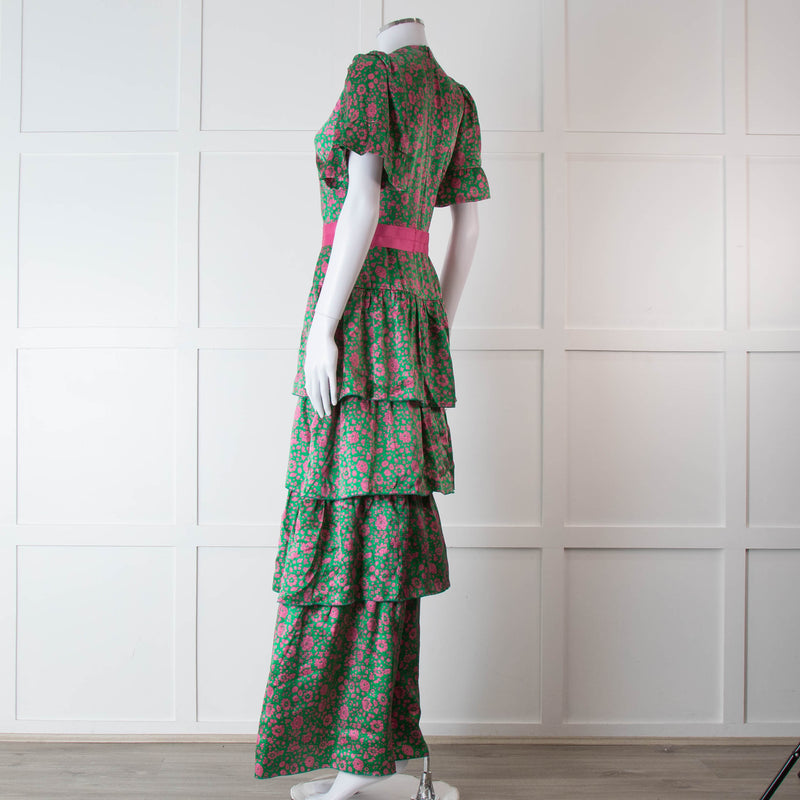 Ridley Green Pink Silk Satin Floral Belted Frill Bottom Maxi Dress