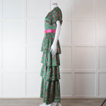 Ridley Green Pink Silk Satin Floral Belted Frill Bottom Maxi Dress