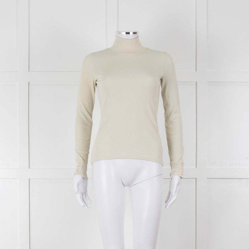 Sezane Beige Cotton Ribbed Long Sleeve T-Shirt