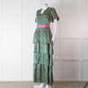 Ridley Green Pink Silk Satin Floral Belted Frill Bottom Maxi Dress