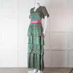 Ridley Green Pink Silk Satin Floral Belted Frill Bottom Maxi Dress
