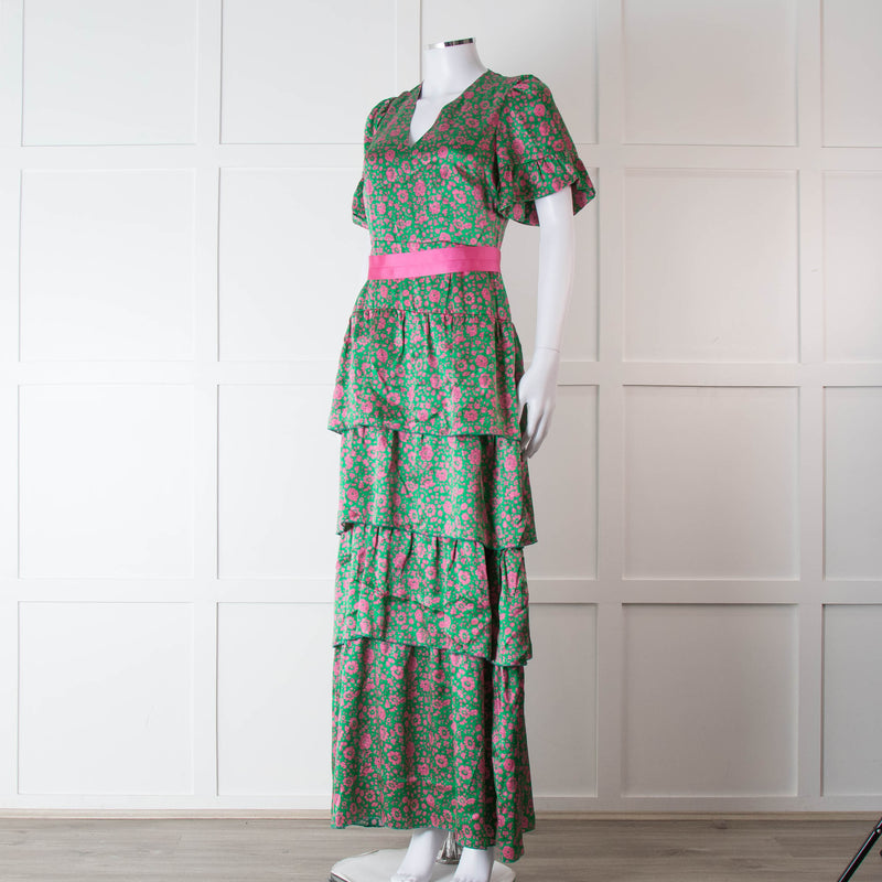 Ridley Green Pink Silk Satin Floral Belted Frill Bottom Maxi Dress