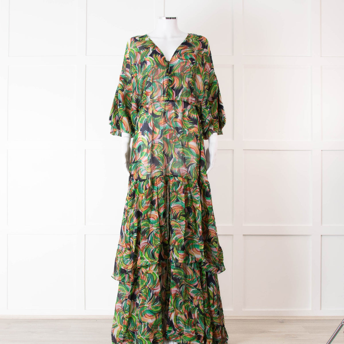 Saloni Green Orange Abstract Floral Print Silk Maxi Dress