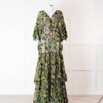 Saloni Green Orange Abstract Floral Print Silk Maxi Dress
