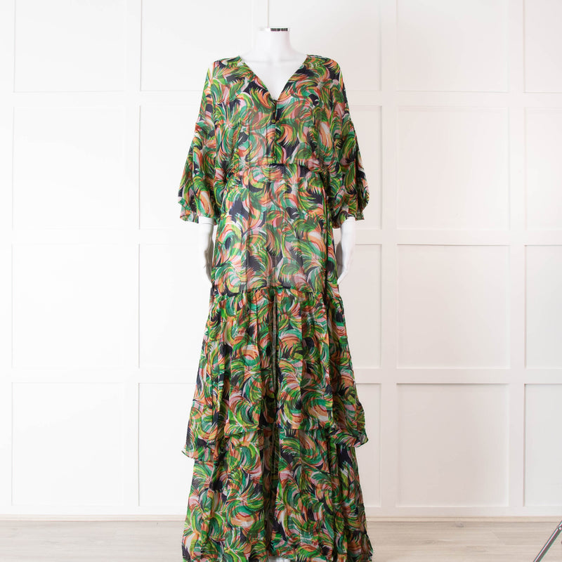 Saloni Green Orange Abstract Floral Print Silk Maxi Dress