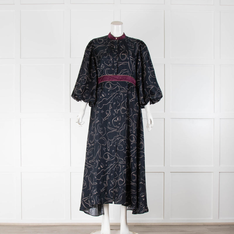 Roksanda Navy Purple Trim Cat Print Maxi Dress