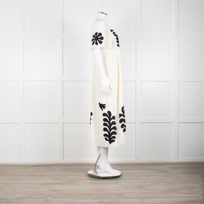 Leon & Harper Cream Cheesecloth Dress With Black Applique Pattern