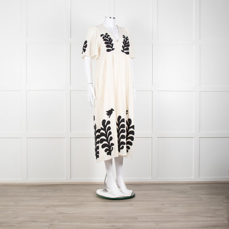 Leon & Harper Cream Cheesecloth Dress With Black Applique Pattern