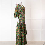 Saloni Green Orange Abstract Floral Print Silk Maxi Dress