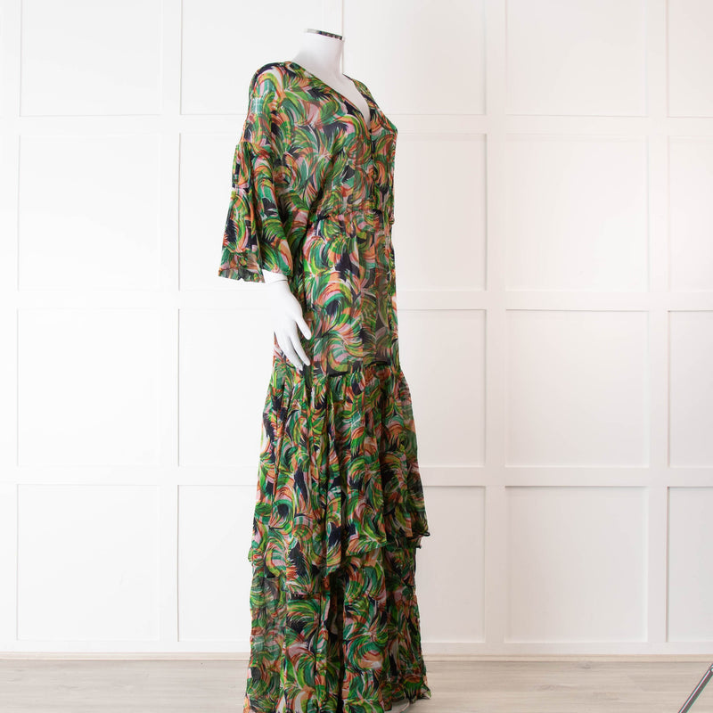 Saloni Green Orange Abstract Floral Print Silk Maxi Dress