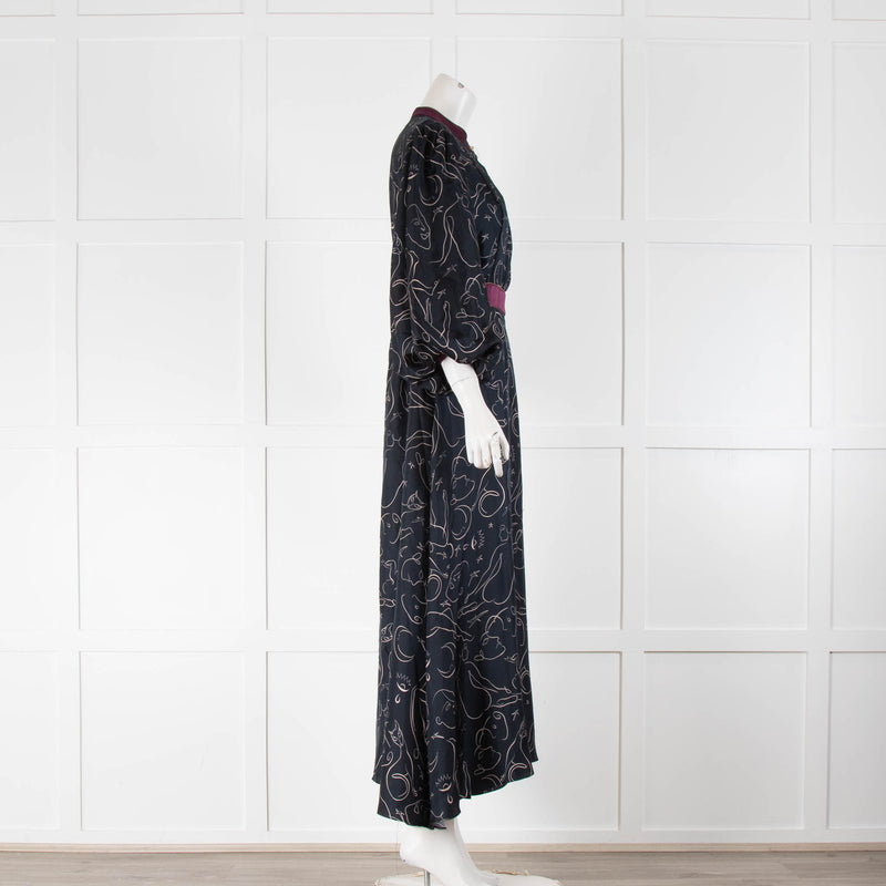 Roksanda Navy Purple Trim Cat Print Maxi Dress