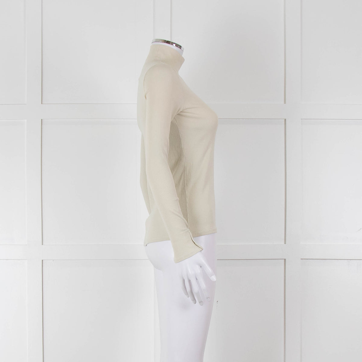 Sezane Beige Cotton Ribbed Long Sleeve T-Shirt