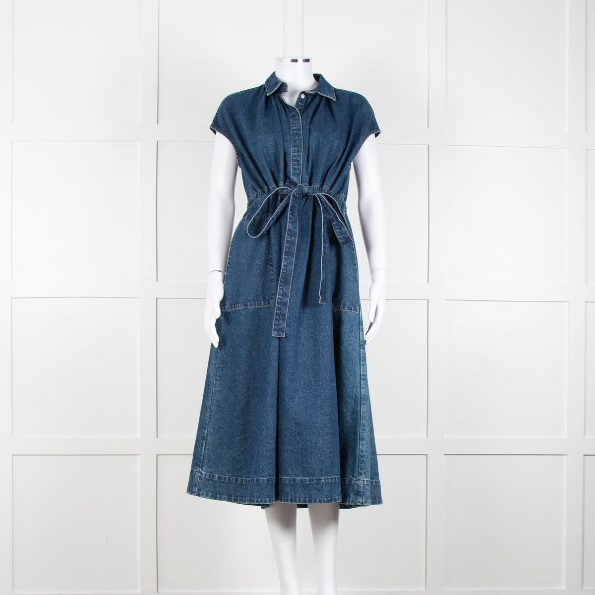 CO Blue Denim Sleeveless Ruched Waist Midi Dress