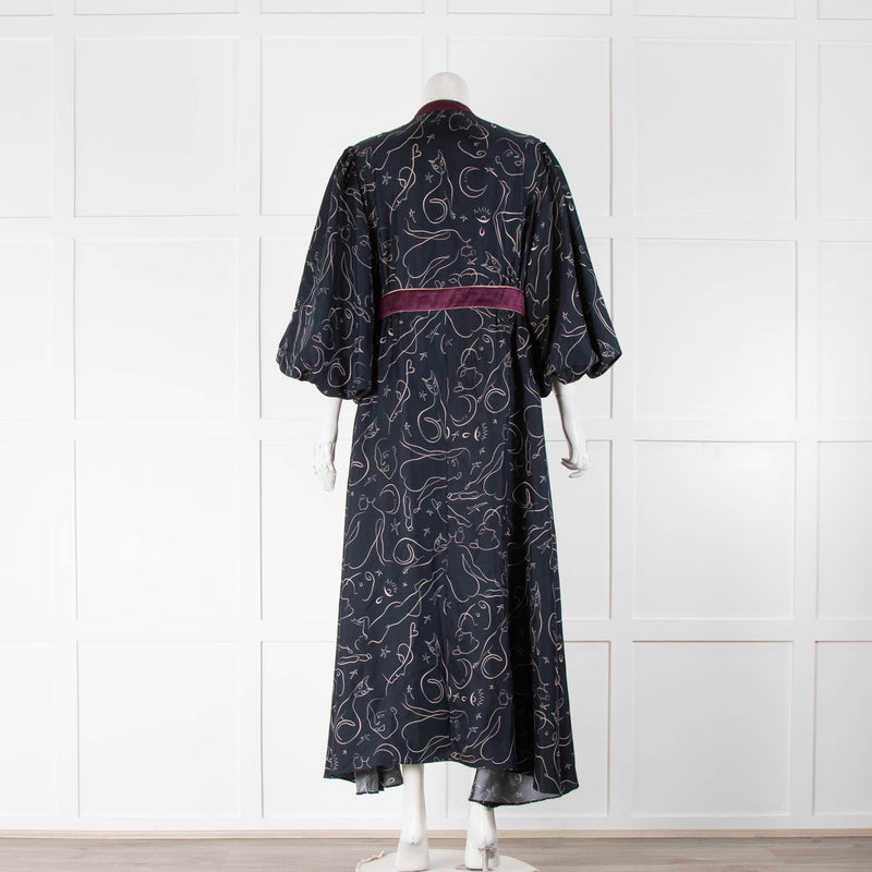 Roksanda Navy Purple Trim Cat Print Maxi Dress