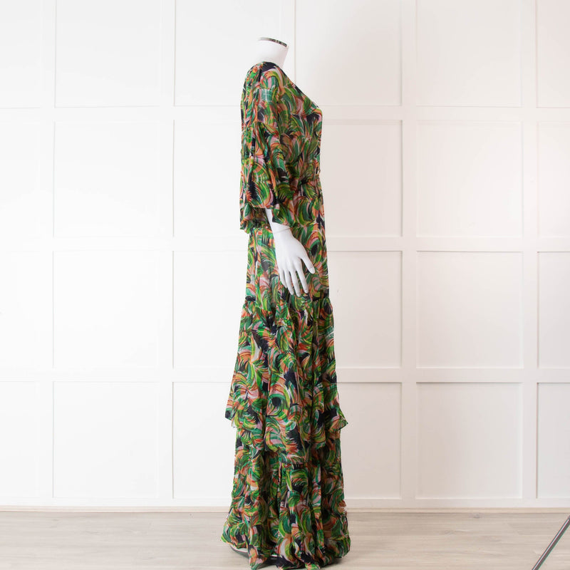 Saloni Green Orange Abstract Floral Print Silk Maxi Dress