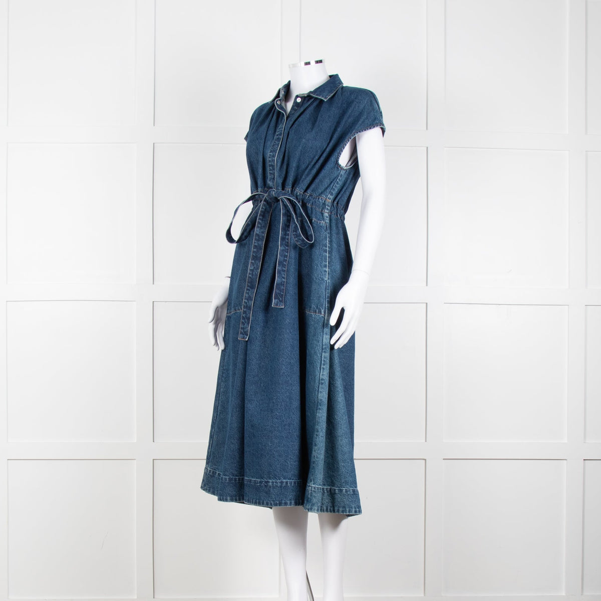 CO Blue Denim Sleeveless Ruched Waist Midi Dress