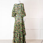 Saloni Green Orange Abstract Floral Print Silk Maxi Dress
