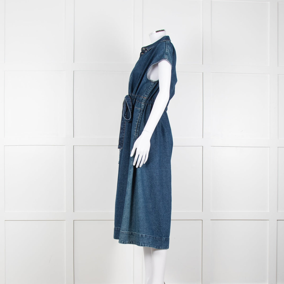 CO Blue Denim Sleeveless Ruched Waist Midi Dress