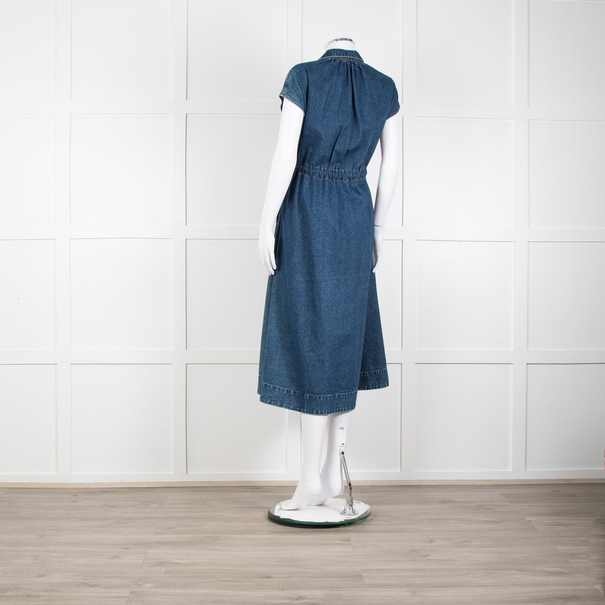 CO Blue Denim Sleeveless Ruched Waist Midi Dress