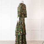 Saloni Green Orange Abstract Floral Print Silk Maxi Dress
