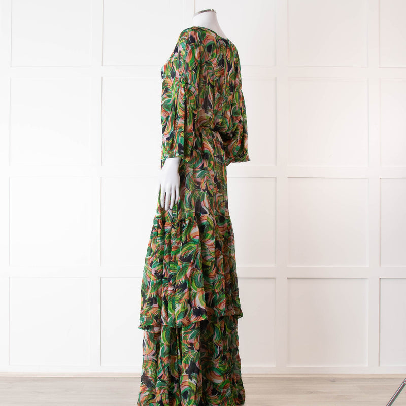 Saloni Green Orange Abstract Floral Print Silk Maxi Dress