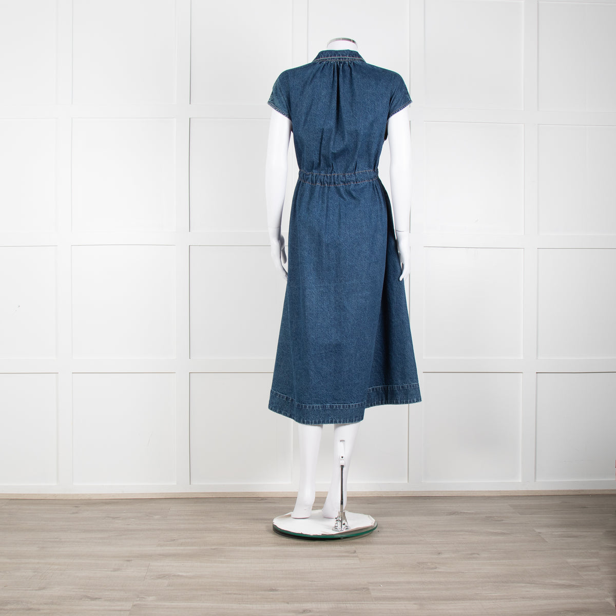 CO Blue Denim Sleeveless Ruched Waist Midi Dress