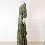 Saloni Green Orange Abstract Floral Print Silk Maxi Dress