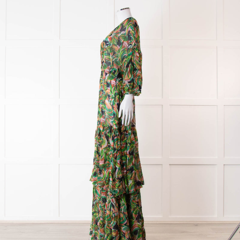 Saloni Green Orange Abstract Floral Print Silk Maxi Dress