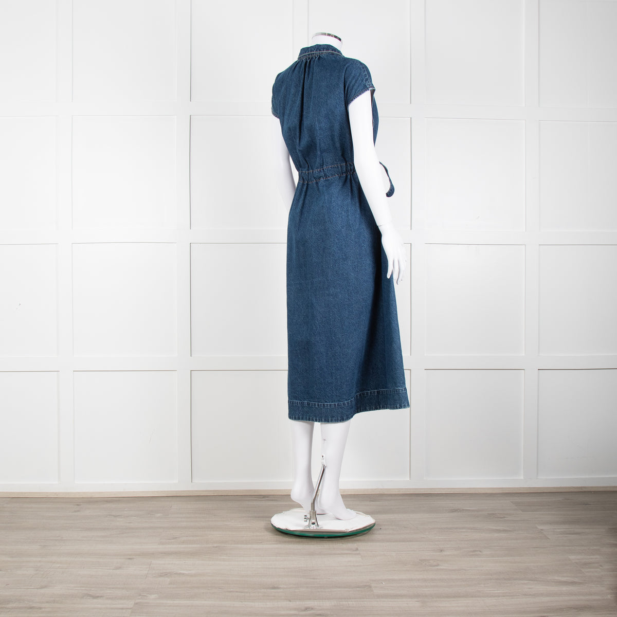 CO Blue Denim Sleeveless Ruched Waist Midi Dress