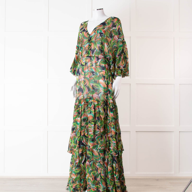 Saloni Green Orange Abstract Floral Print Silk Maxi Dress