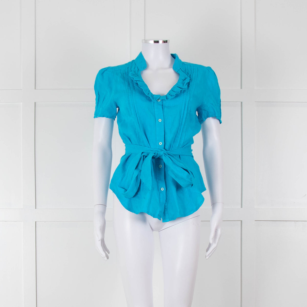 120% Lino Turquoise Linen Frill Trim Short Sleeve Top