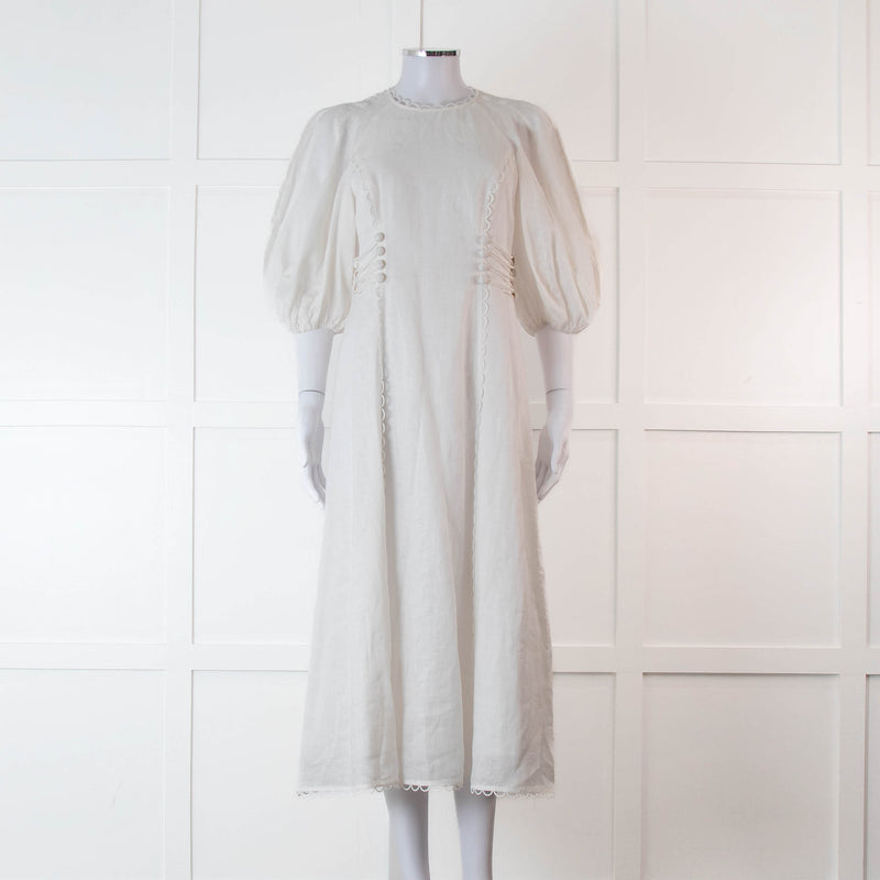Zimmermann White Linen Puff Sleeve Scallop Trim Midi Dress
