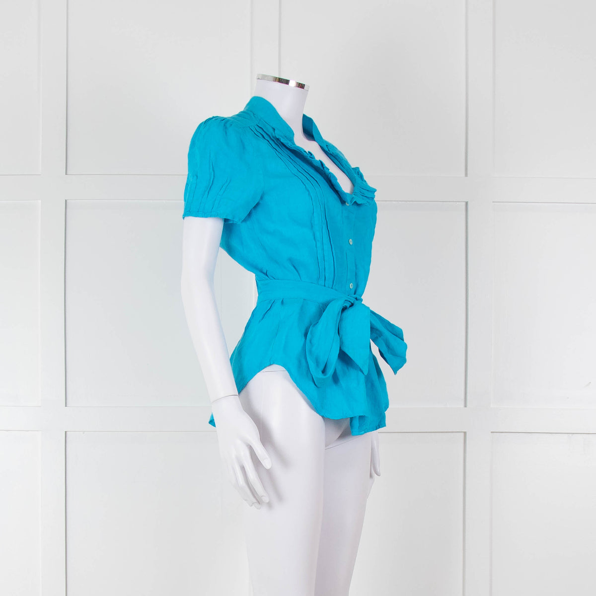120% Lino Turquoise Linen Frill Trim Short Sleeve Top