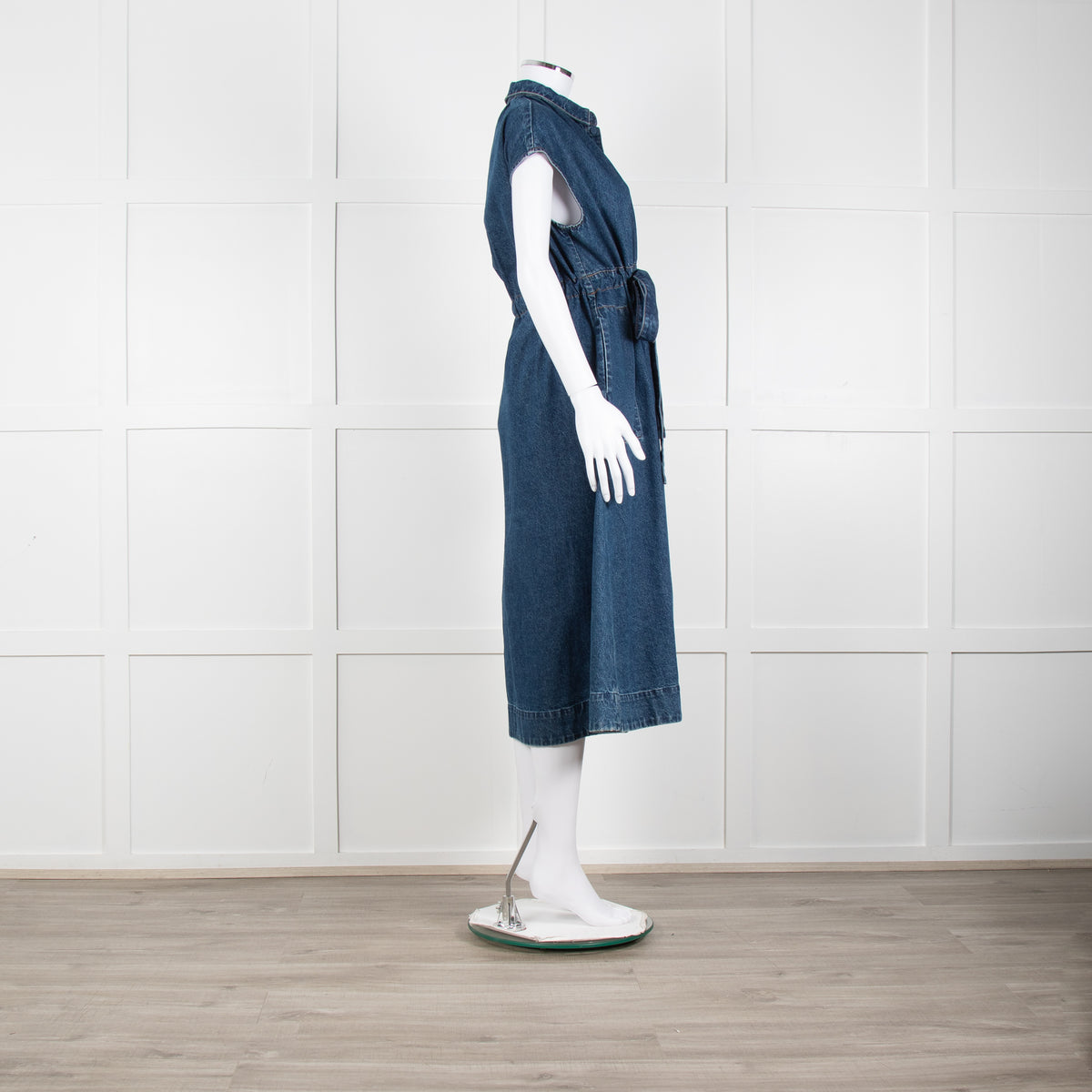 CO Blue Denim Sleeveless Ruched Waist Midi Dress