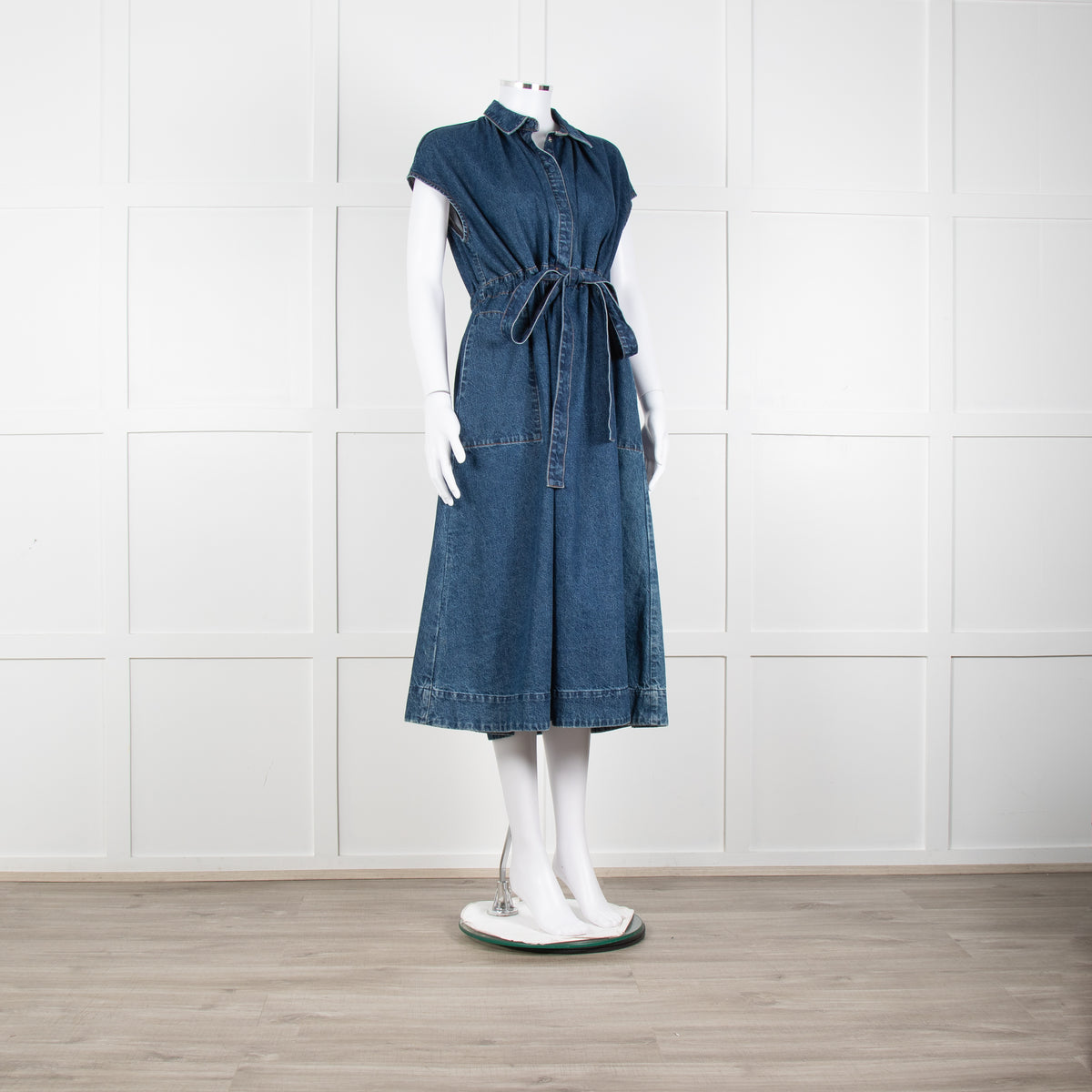 CO Blue Denim Sleeveless Ruched Waist Midi Dress