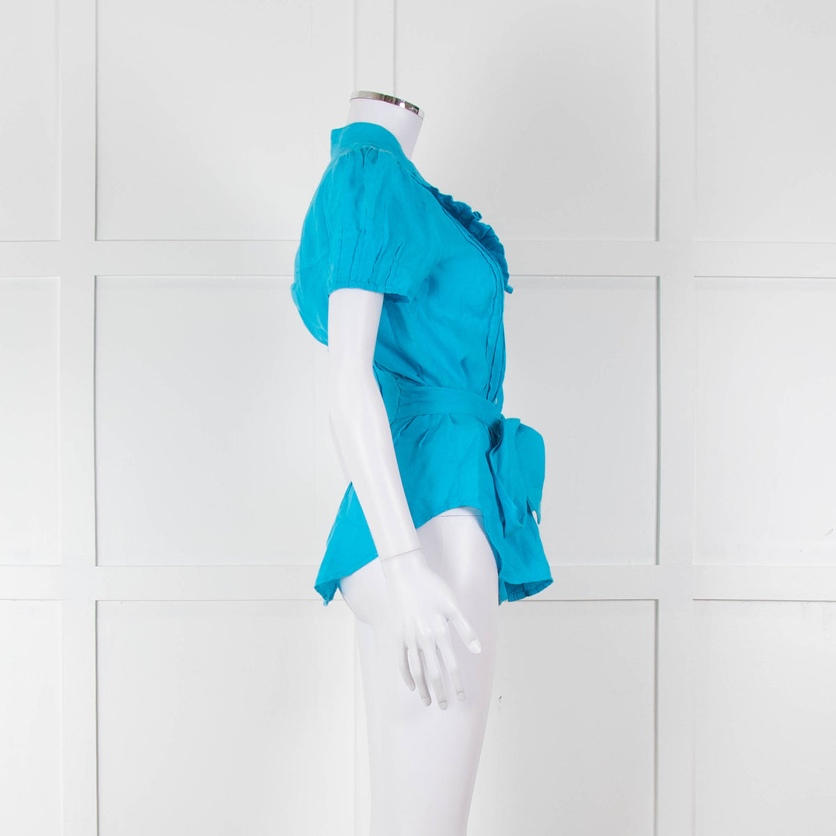 120% Lino Turquoise Linen Frill Trim Short Sleeve Top