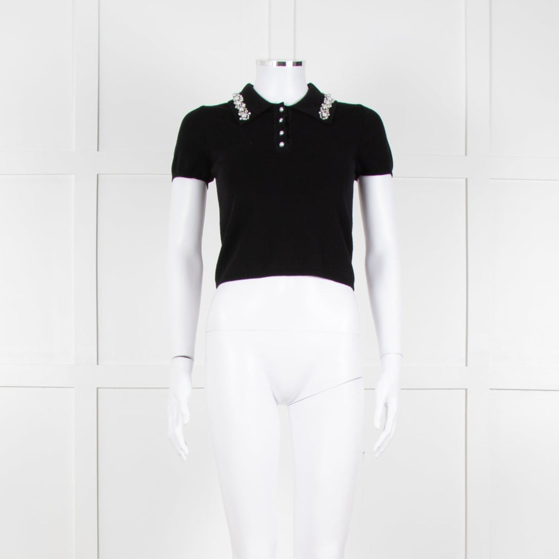 Alice + Olivia Black Short Sleeve Polo Knit with Pearl and Diamante Collar Detail