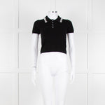 Alice + Olivia Black Short Sleeve Polo Knit with Pearl and Diamante Collar Detail