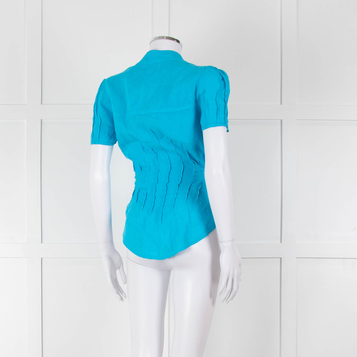 120% Lino Turquoise Linen Frill Trim Short Sleeve Top