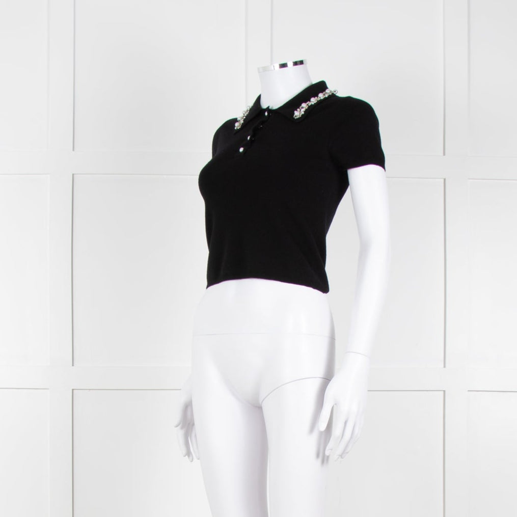 Alice + Olivia Black Short Sleeve Polo Knit with Pearl and Diamante Collar Detail