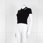 Alice + Olivia Black Short Sleeve Polo Knit with Pearl and Diamante Collar Detail